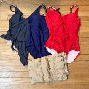 Lot 3 One-Piece Swimsuits in Dark Navy, Navy and Red w/ Sarong
